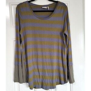 LOGO Lori Goldstein Womens M Striped Tunic Gray Green Scoop Neck Long Sleeve